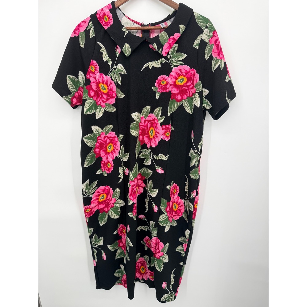 P!phany Shift Dress Women 2X Black Pink Good Floral Peter Pan Collar